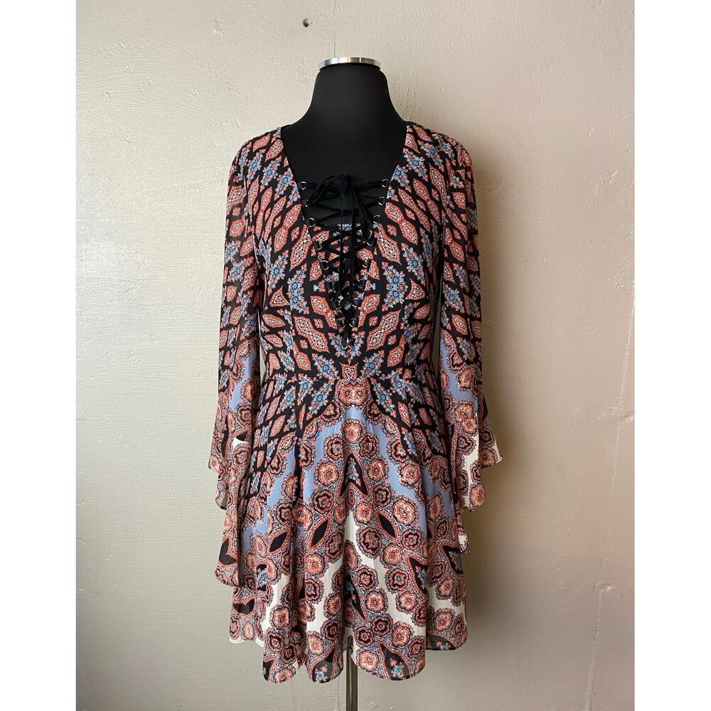 Jodi Kristopher BOHO FLORAL Midi Dress Women Medium Bell Sleeve Flowy Style